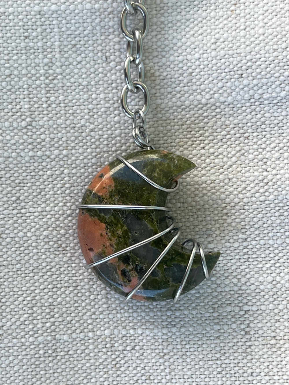 Unakite Green and Pink Moon Keychain / Bag Charm Silver